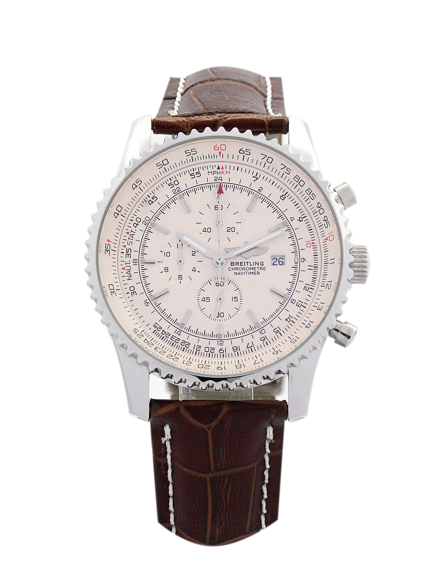 Breitling Navitimer World A24322 Mens Steel Brown Leather Bracelet